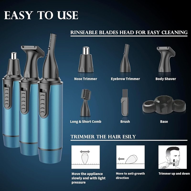 AREYZIN Nose Hair Trimmer for Men - 3-in-1 Painless Rechargeable Ear & Nose Grooming Kit | IPX7 Waterproof, Dual Edge Blades