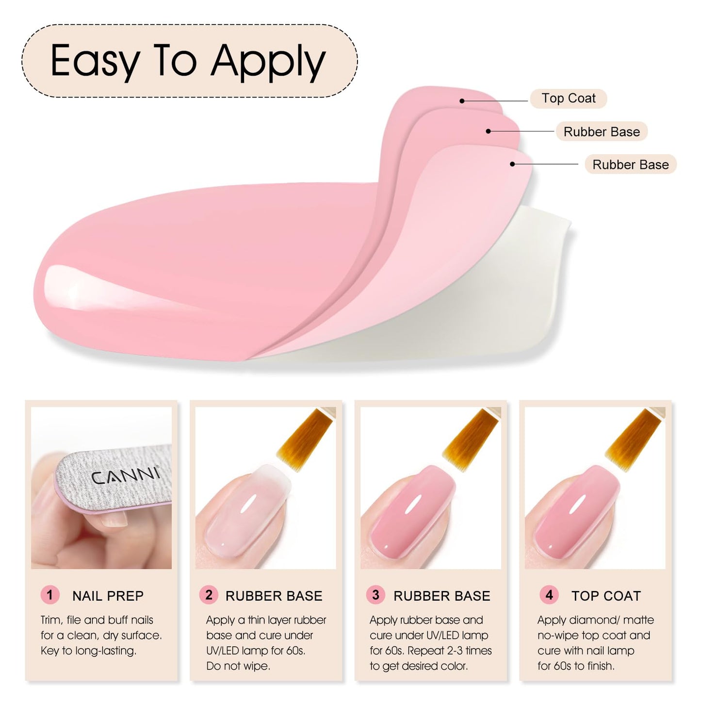 CANNI Rubber Base Gel Set - 6 Colors Milky White Clear Pink Nude Builder Nail Gel for Nail Strengthening, Soak Off UV LED for Natural Nails, DIY Manicure Salon Use Women & Girls