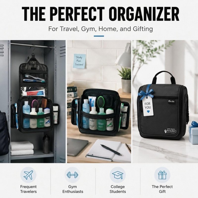 AvaJex Travel Toiletry Bag for Men - Large Dopp Kit (10.6"x10.6"x3.2") - Hanging Waterproof Mens Hygiene Organizer Bag with XXL Metal Swivel Hook, Sturdy Zippers and 19 Compartments for Toiletries