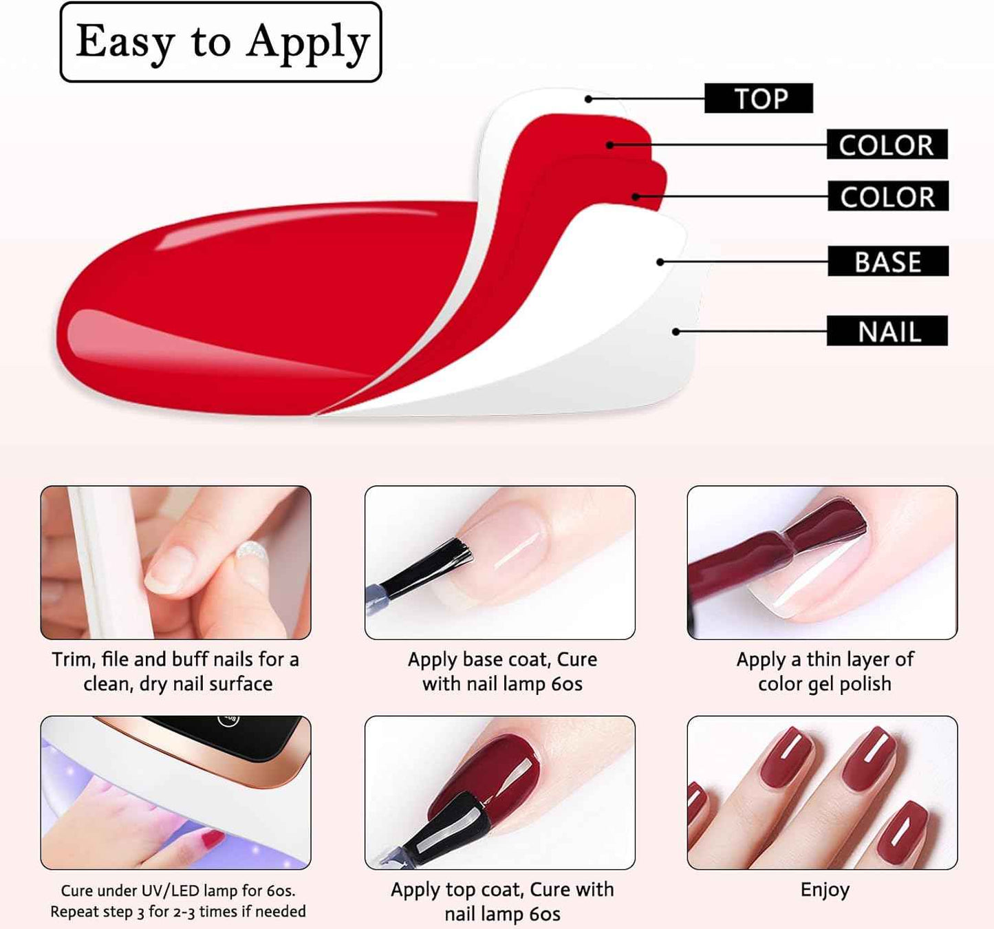 40W Gel UV LED Nail Polish Lamp & No Wipe Top/Base Coat Set - Professional Nail Dryer with 3 Timers