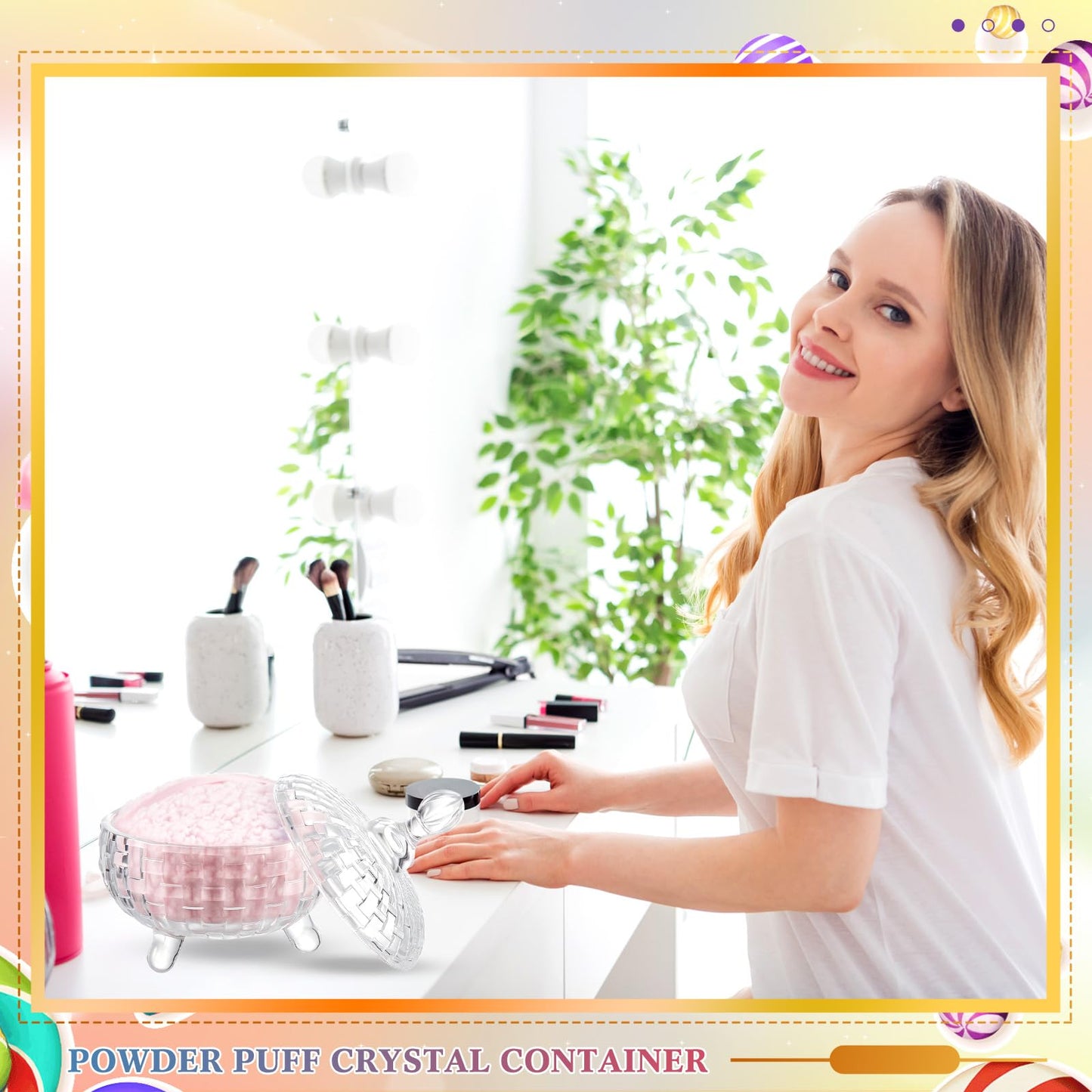 Tioncy 2 Pcs Extra Large Dusting Powder Puff and Container for Women-6'' Glass Crystal Dusting Powder Container with Body Soft Washable Reusable Velour Face(Clear,Weave Design)