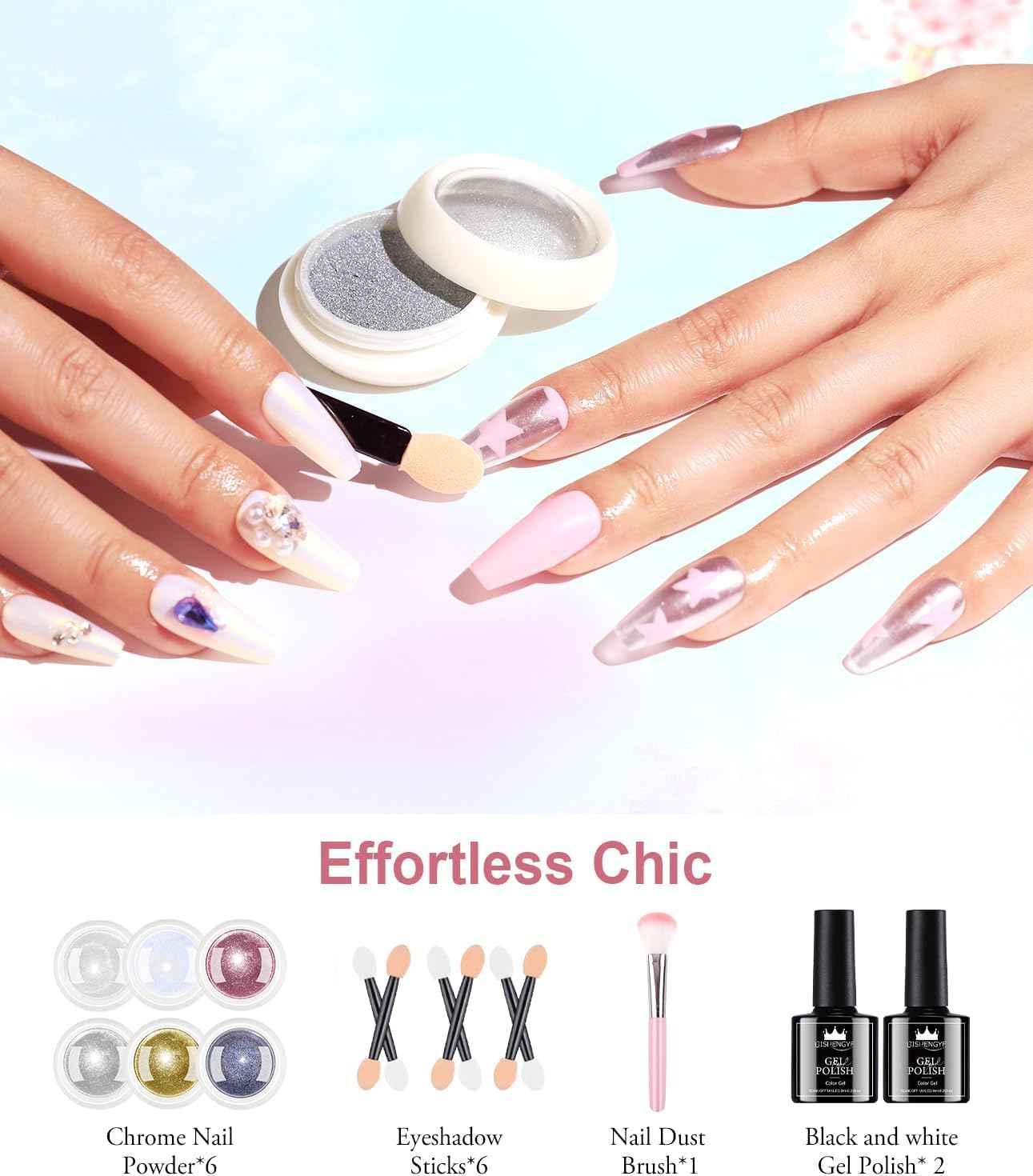 Chrome Nail Powder Kit - 12 Pcs Holographic & Iridescent Gel Polish for DIY Manicure