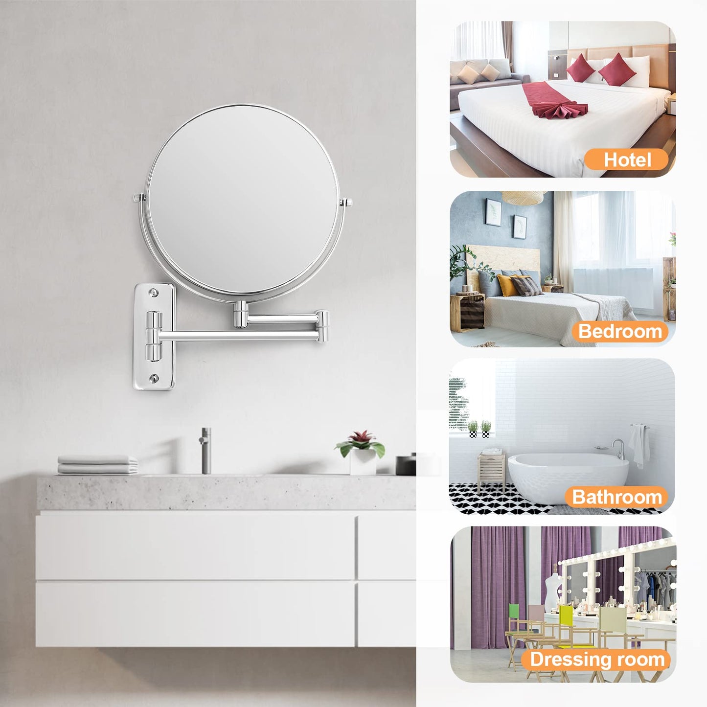 FFowcye 8” Wall Mounted Makeup Mirror - 1X/10X Double Sided Magnifying Bathroom Mirror, 360° Swivel Extendable Vanity Shaving Mirror with Adjustable Arm for Bathroom, Chrome(No Light)