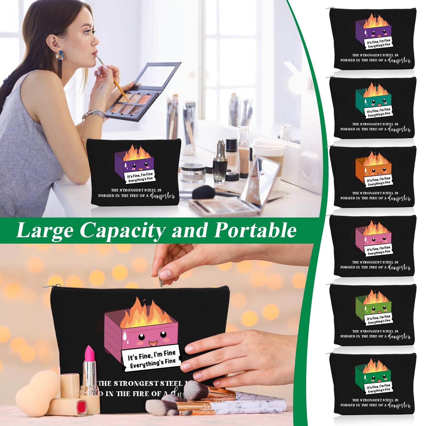 Reginary 12 Pcs Dumpster Fire Makeup Bags Bulk Funny Gifts Employee Inspirational Cosmetic Bag Gifts for Graduation Teacher Coworker Staff