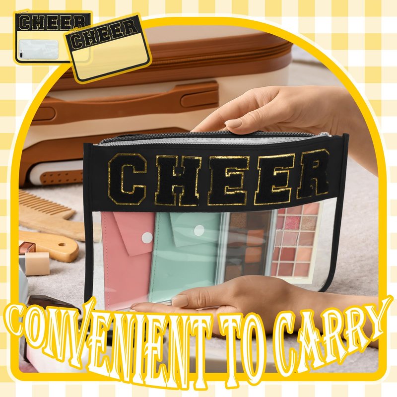 Abbylike 4 Pcs Cheer Makeup Bag Gift Set 11.8x8.2 Inches for Cheerleader Team Girls Clear Chenille Letter Cosmetic Bags Zipper Toiletry Makeup Pouch Bulk Women Travel Snack Bag(Black,Cheer)