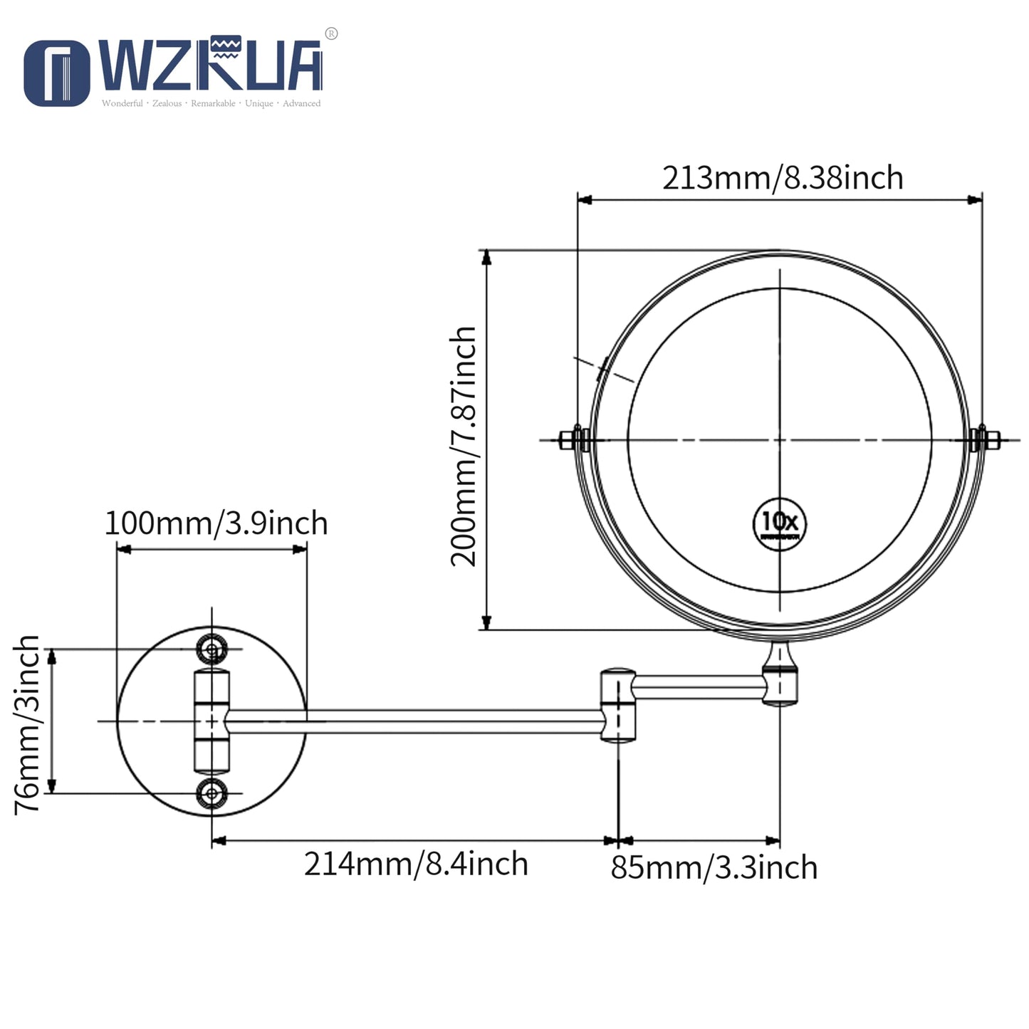 WZRUA 8 Inch Lighted Makeup Mirror Rechargeable Wall Mounted,Double-Sided 1X/10X Magnification,Dimmable 360° Swivel Extendable Bathroom Mirror Matte Black