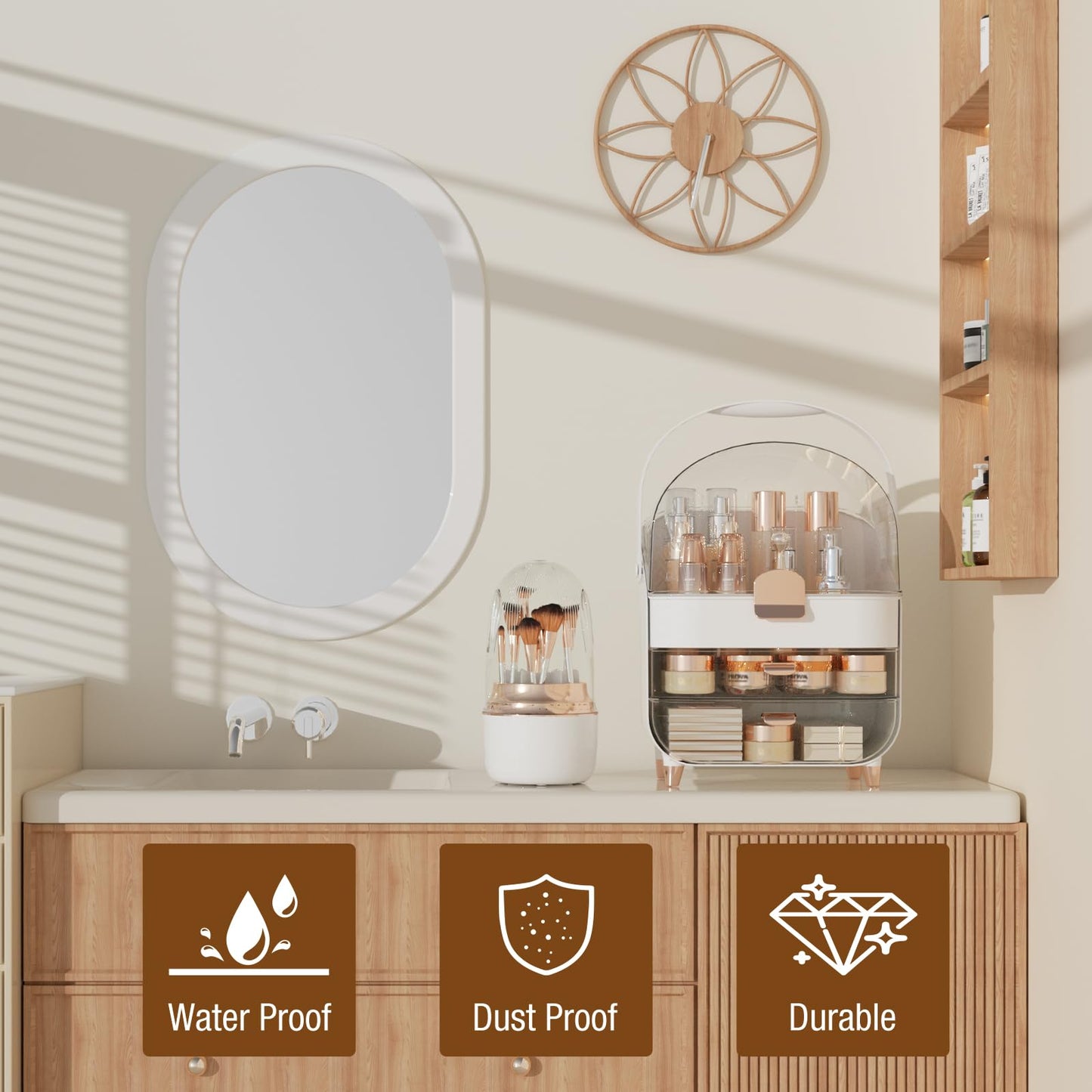 CLBDRESS Makeup Organizer Countertop & 360° Rotating Makeup Brush Holder, Skincare Holder with Lid and Drawers, Storage Box Cosmetic Display Cases, Teen Girl Gifts, Vanity, Bathroom Counter,Rose Gold
