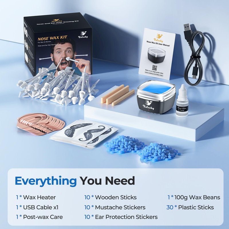 Vuteehy Nose Wax Kit Men, Nose Ear Hair Removal Kit for Men Women, 40 Sticks, 100g Wax, USB Fast Heat, Smart Constant Temp, Painless Hair Removal Waxing Kit for Nose Ears Eyebrow Lip Facial, Blue