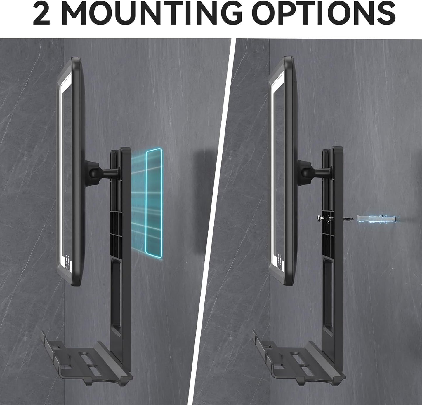 Fogless Heated Shower Mirror - 3-Color Dimmable LED Lights, Rechargeable, Adjustable | Drill-Free with Storage Tray, Black