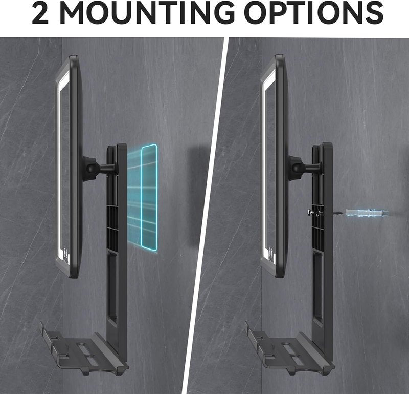 Fogless Heated Shower Mirror - 3-Color Dimmable LED Lights, Rechargeable, Adjustable | Drill-Free with Storage Tray, Black