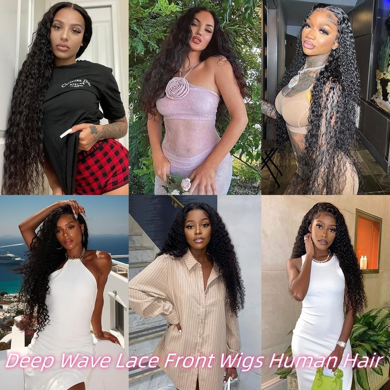 BEEKERKER 13x6 Deep Wave Lace Front Wigs Human Hair 220 Density HD Transparent Pre Plucked Deep Curly Frontal Wigs Human Hair for Women Natural Black 22 Inch