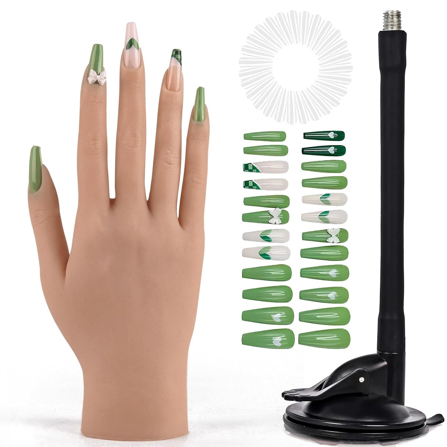 Flexible Silicone Practice Hand for Acrylic Nails with 528 Nail Tips & Stand
