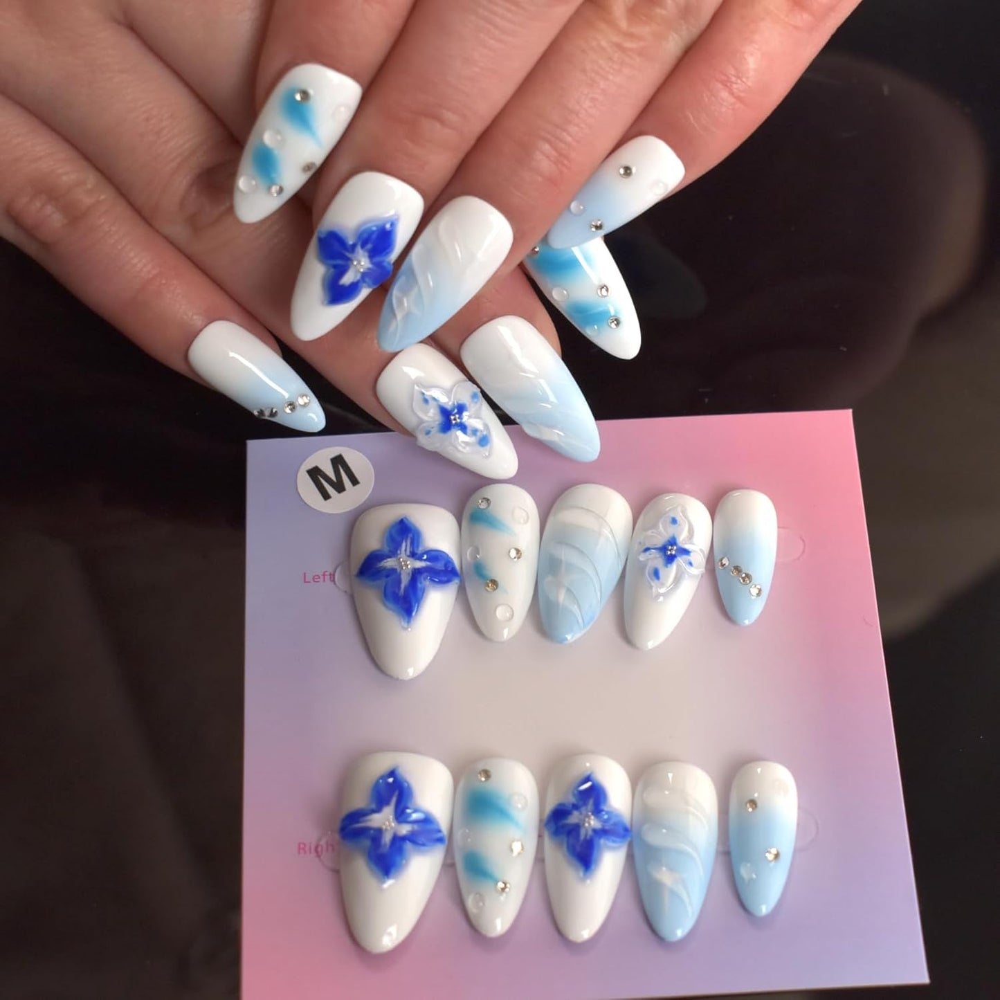 3D Blue Almond Press-On Nails with Carved Flower & Bubble Pearl - Handmade Acrylic Manicure, Medium Size
