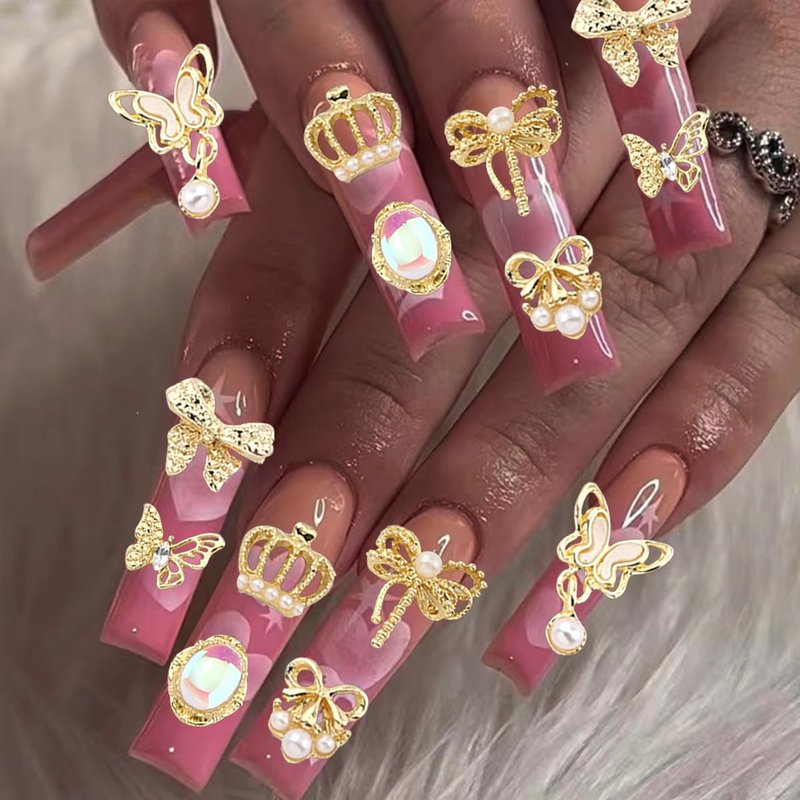 50pcs Gold 3D Alloy Flowers Bows Butterfly Star Crown Heart Charms for Nail Art Design - Mixed Gems Rhinestones Jewels Supplies