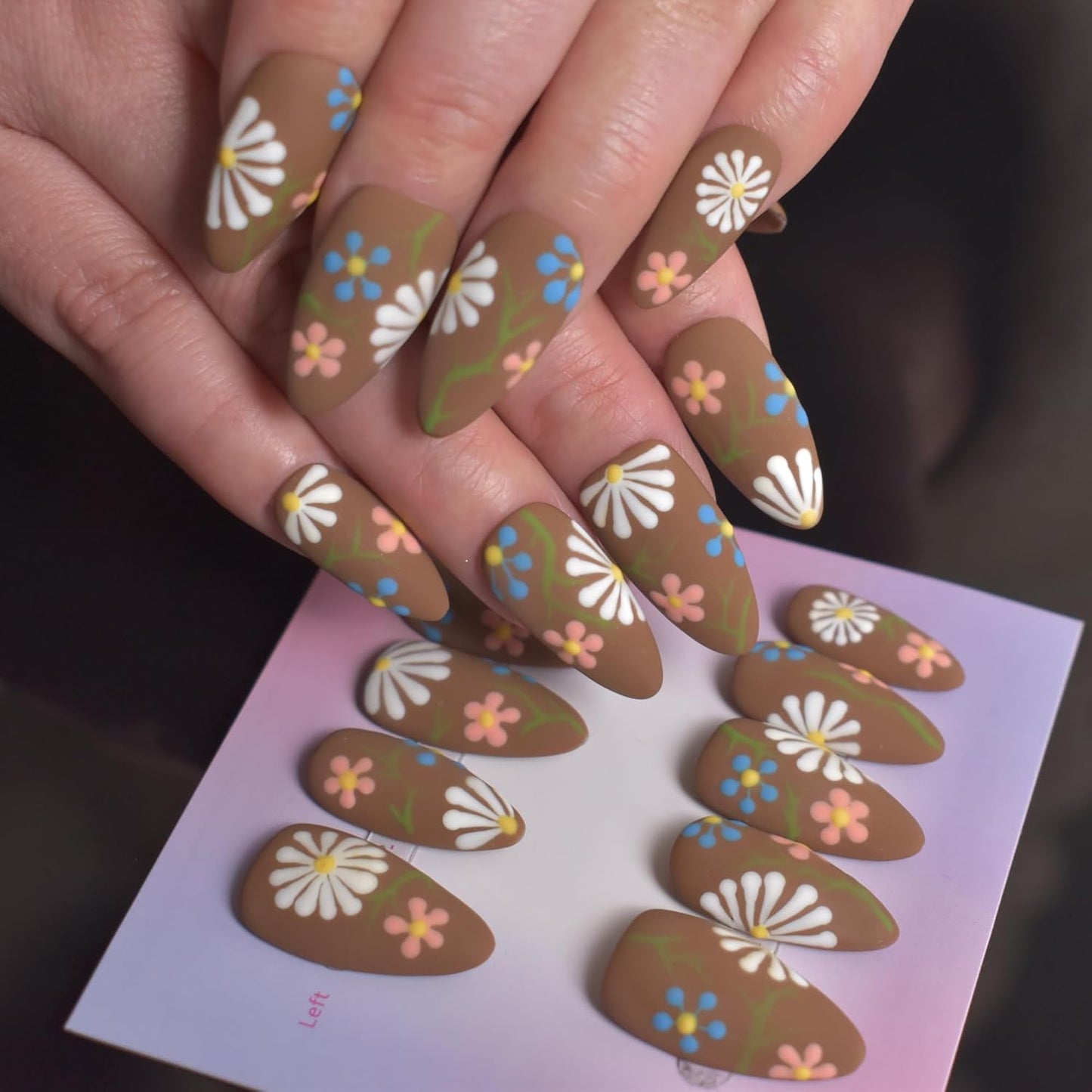3D Blue Almond Press-On Nails with Carved Flower & Bubble Pearl - Handmade Acrylic Manicure, Medium Size