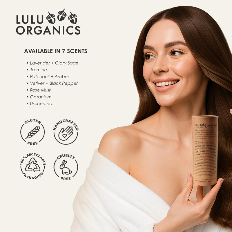 Lulu Organics Dry Shampoo Powder - Non-aerosol, Natural Dry Shampoo for Blonde or Oily Hair, Organic Body Powder, Paraben & Talc free No White Cast Synthetic Fragrance, Lavender and Clary Sage - 4oz