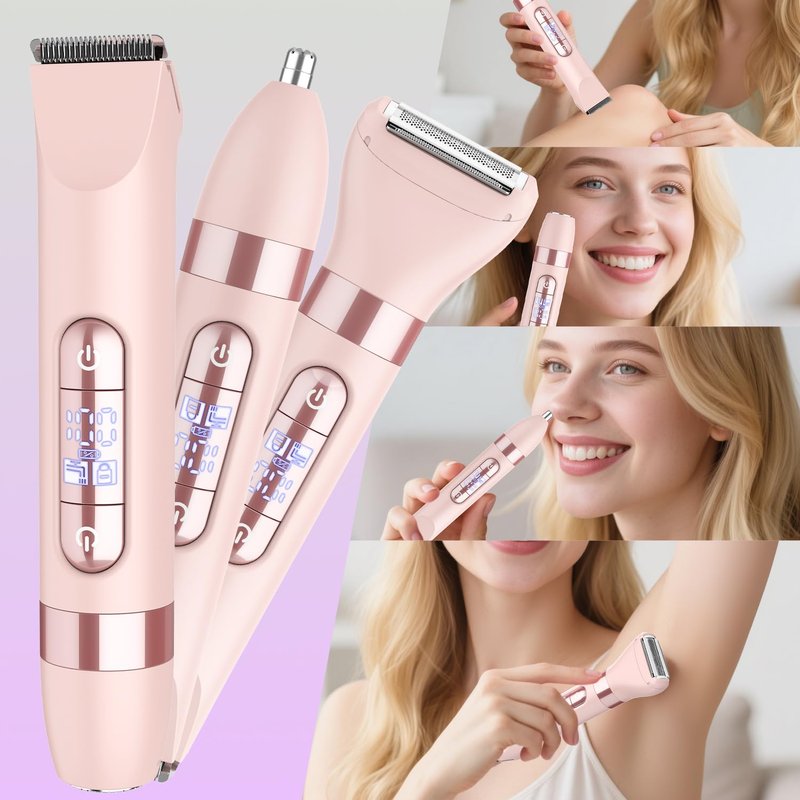 Hatteker 4-in-1 Women's Electric Razor, Dual-Head Body Hair Trimmer for Women, IPX7 Waterproof Rechargeable Bikini Trimmer & Facial Hair Remover for Legs, Armpits, Face, Nose, Eyebrows, Pink