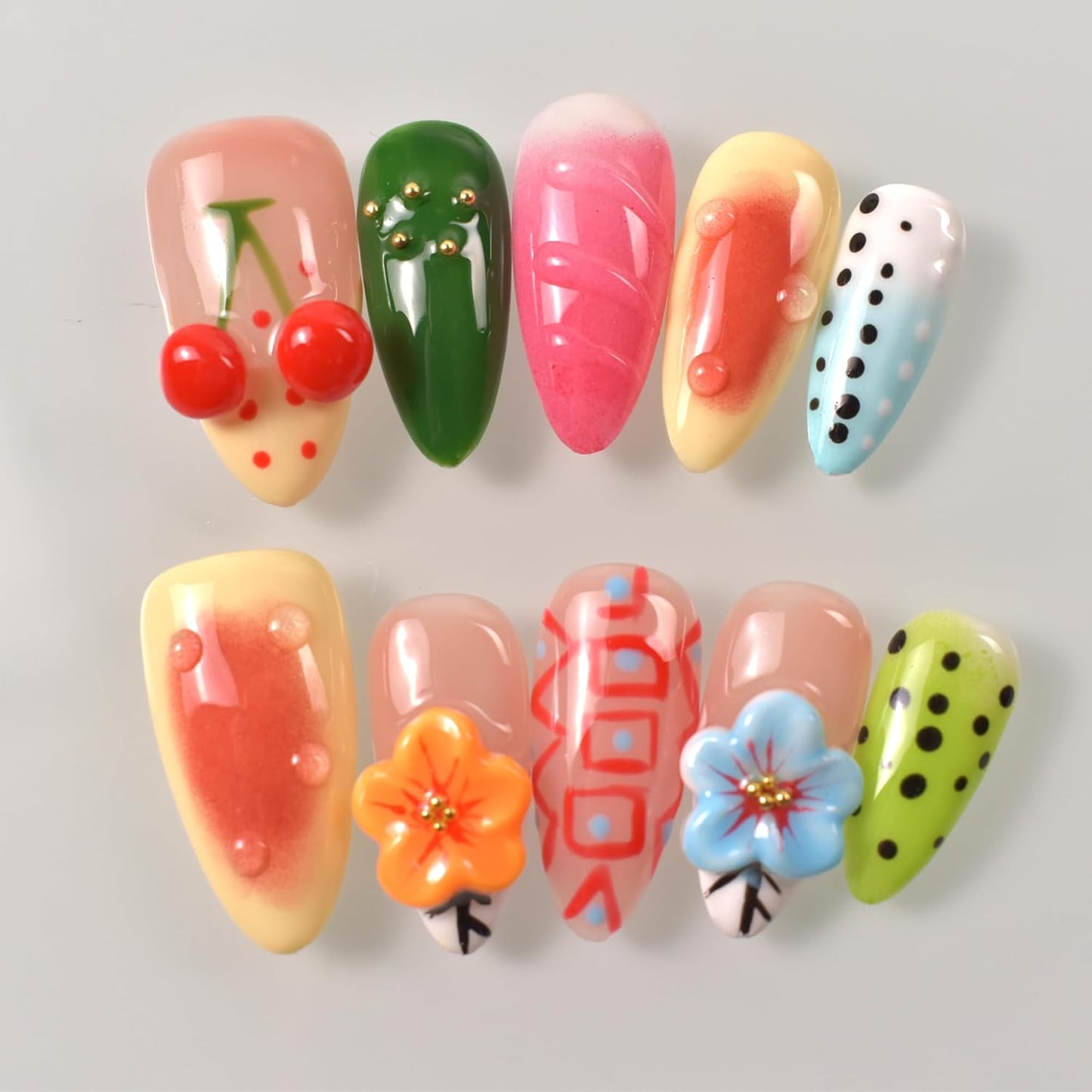 3D Blue Almond Press-On Nails with Carved Flower & Bubble Pearl - Handmade Acrylic Manicure, Medium Size