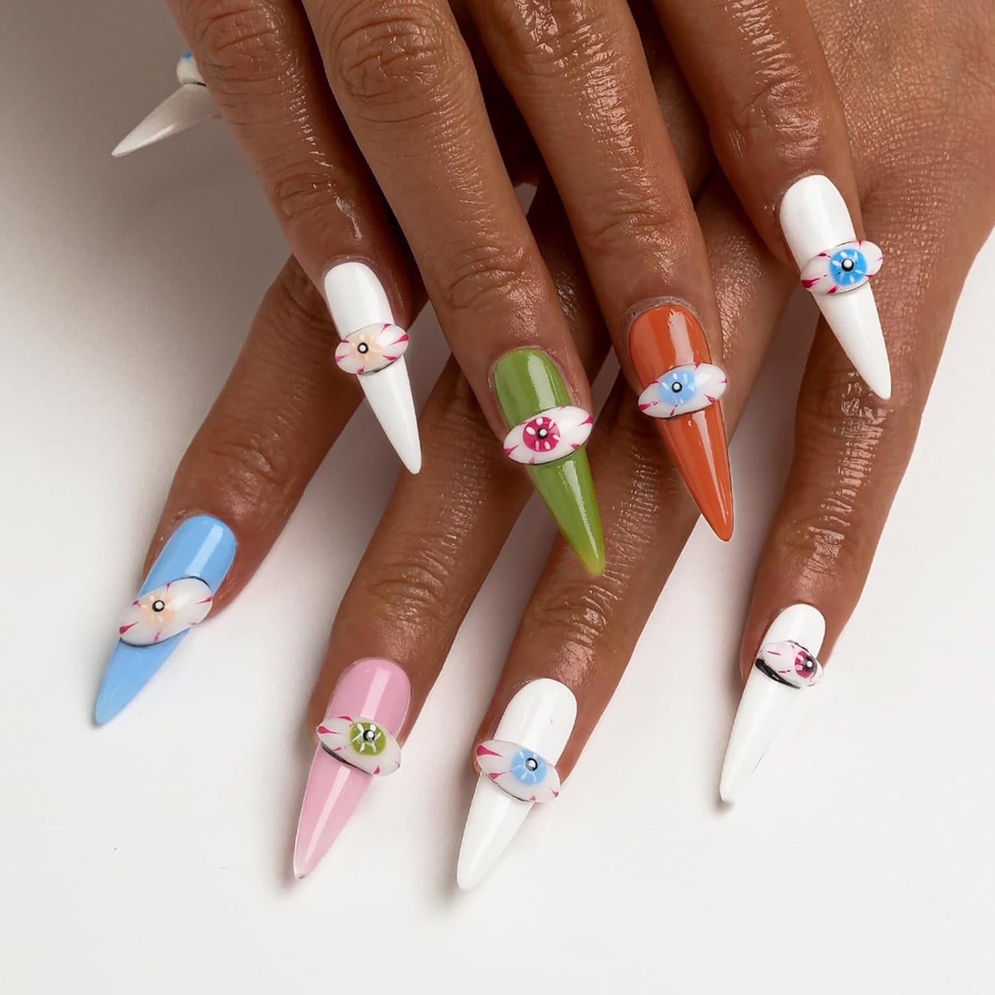 Colorful Handmade Press-On Stiletto Nails with 3D Devil Eyes - 10 Pcs Set for Women