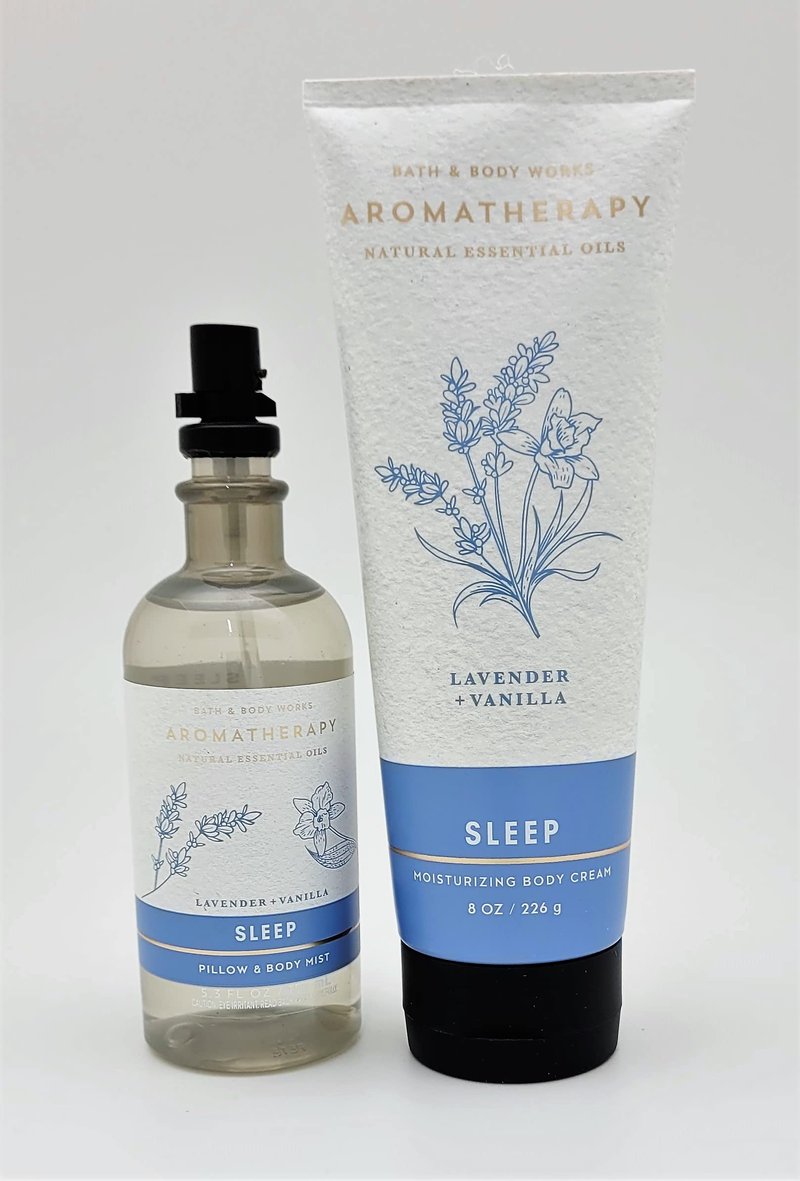 Bath & Body Works - Aromatherapy - Lavender Vanilla – Sleep - 2 pc Bundle - Pillow and Body Mist - 5.3 fl oz - & Body Cream - 8 oz