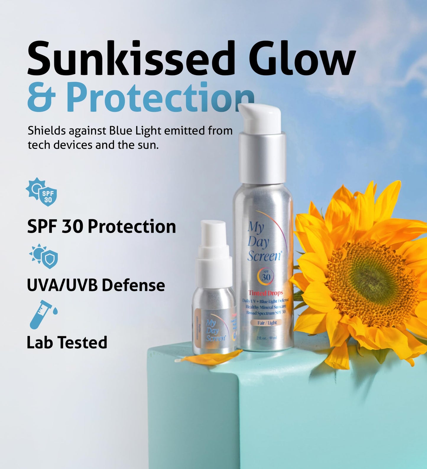 My Day Screen Tinted Sunscreen for Face, 3-in-1 Moisturizer with SPF 30, Face Sunscreen Protection, Tinted Drops to Match Light to Medium Skin Tones, 2 fl oz