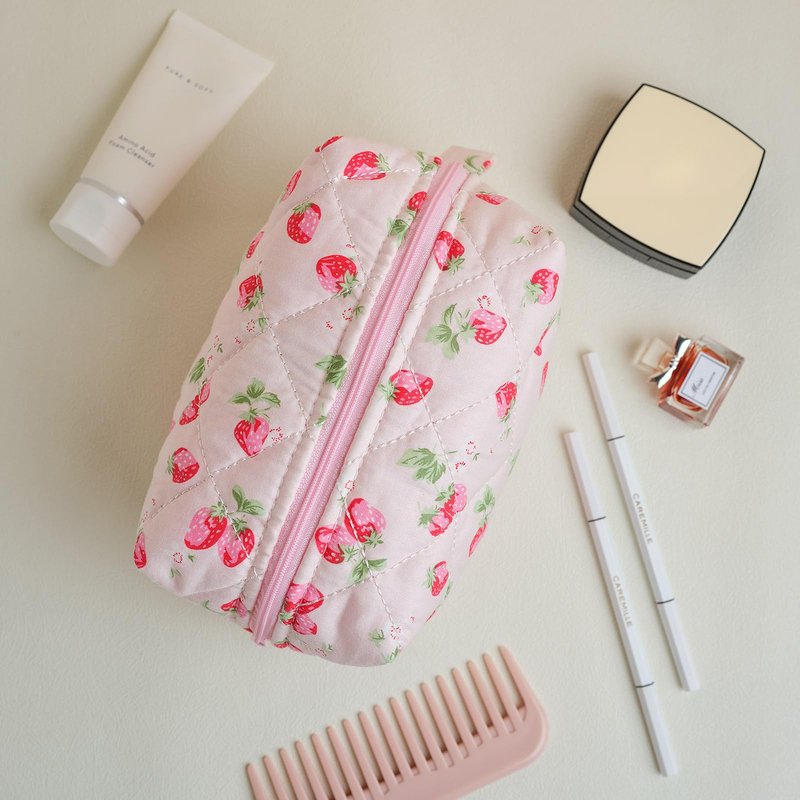 MIROSIE Handmade Makeup Bag, Skincare Zipped Organizer Pouch,Cotton Travel Cosmetic Bag,Small Strawberry Beauty Purse for Women Girls, Pink