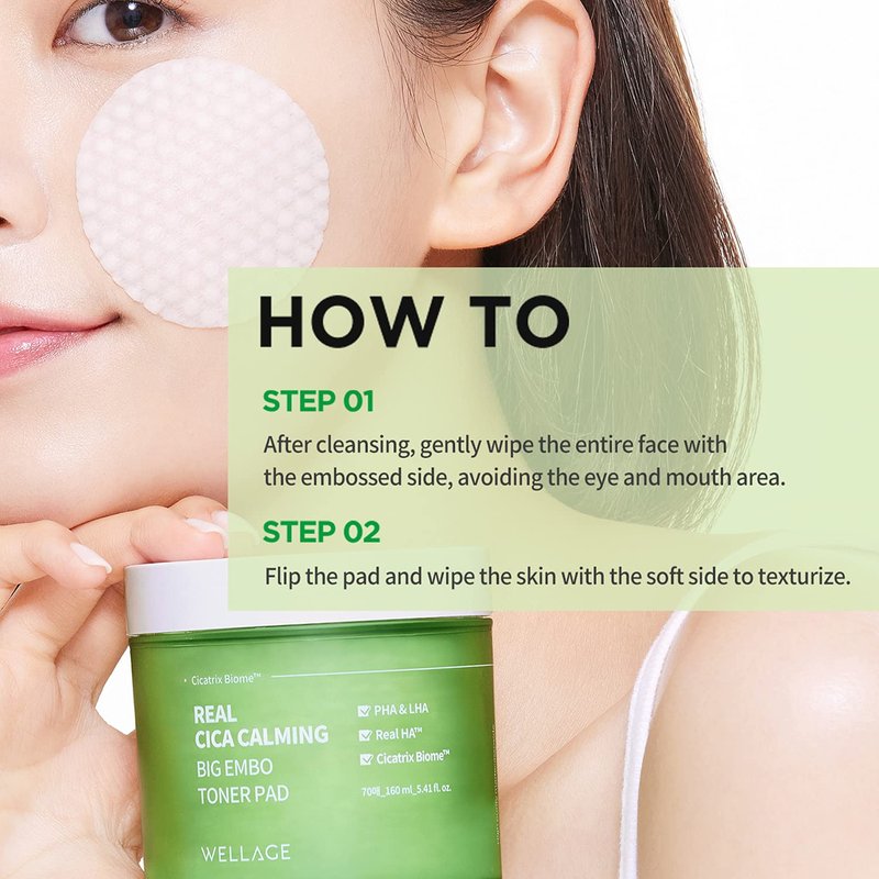 WELLAGE Real Cica Calming Zero Pore Toner Pads 70 Sheets Big Embo, Korean Beauty Facial Pads, Centella Asiatica, PHA, LHA, and Madecassoside, CICA for Soothing, Calming, and Hydrating