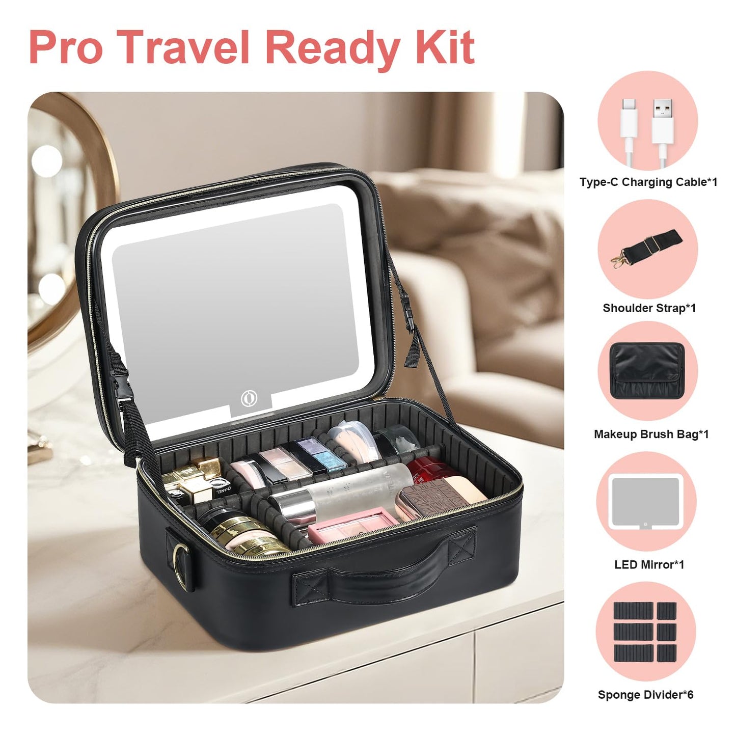 Makeup Case with LED Light Mirror, Professional Portable Travel Cosmetic Organizer Bah with Adjustable Dividers, USB Charging, Large Capacity, Ideal for Travel, Gift for Women Girls, Black