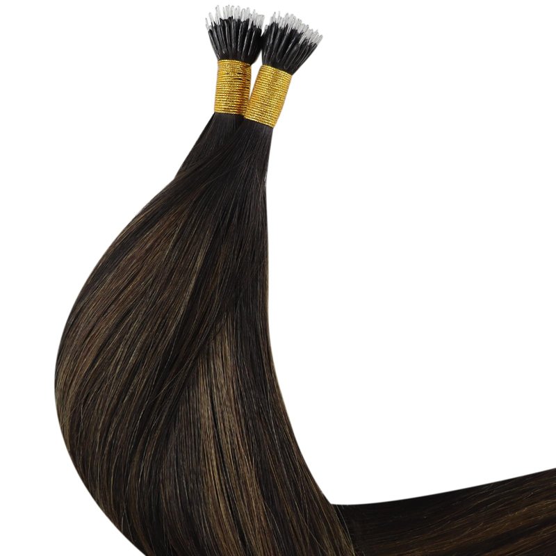 YoungSee Nano Tip Hair Extensions Real Human Hair Balayage Brown 22in Nano Ring Hair Extensions Human Hair Balayage Dark Brown Mix Medium Brown 50g 50 Strands Nano-Beads Extension for Natural Looking