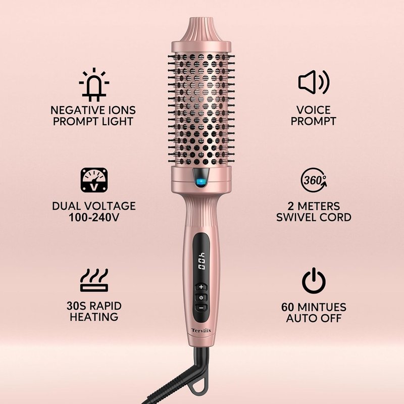 Terviiix Thermal Brush - 1.77 Inch Double MCH Ceramic Hot Brush | Ionic 2-in-1 Curling Wand with Digital Display & 9 Temperatures for Long Hair