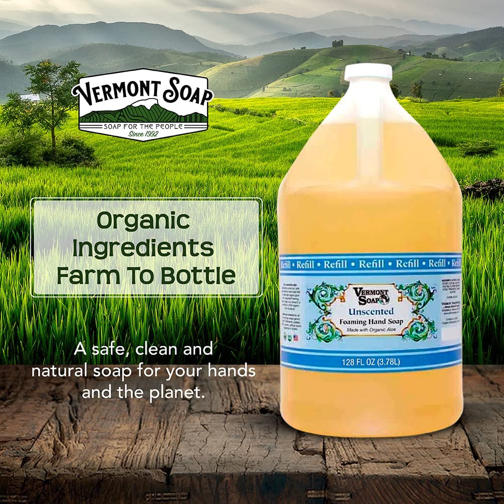 VERMONT SOAP Organics Foaming Hand Soap, Liquid Soap with Pre-diluted Formula - Ready to Use Simply Unscented Hand Soap With Convenient and Economical Gallon Refill Size