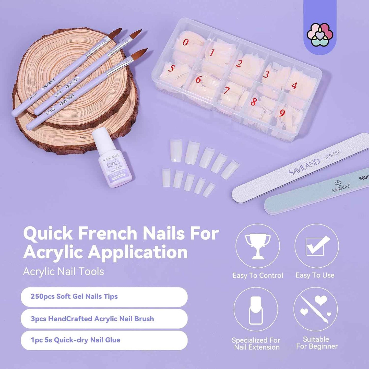 French Acrylic Nail Kit - SAVILAND Half Cover Nail Tips (10 Sizes) with Glue