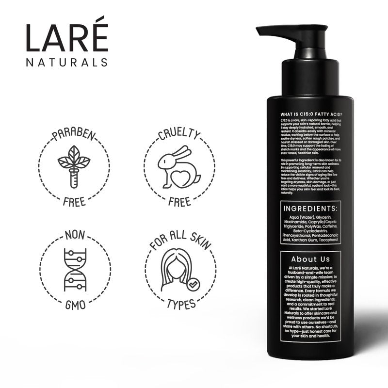 C15:0 Pentadecanoic Acid Supplement Body Lotion - Skin Cellular Benefits - Body Moisturizer for Dry to Very Dry Skin - Vitamin B3 Lotion - 8 fl oz - Unscented