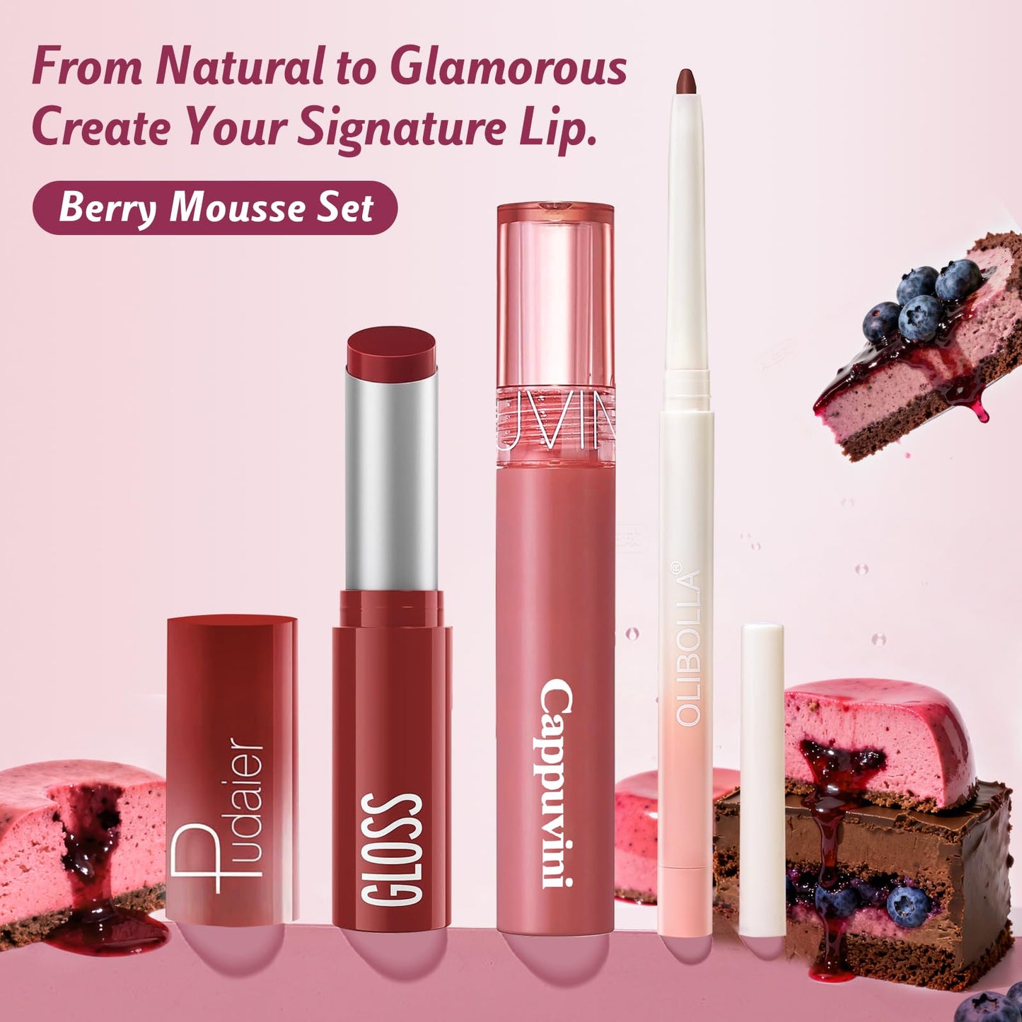 KIMUSE 3 Pack Lip Combo Set, 3-Step Plumping Korean Lip Kit, Waterproof Long-Lasting Satin Finish Lip Makeup Kit, Non-Sticky Lightweight Formula for Plump Hydrated Lips, Gift Ready (Berry Mousse Set)
