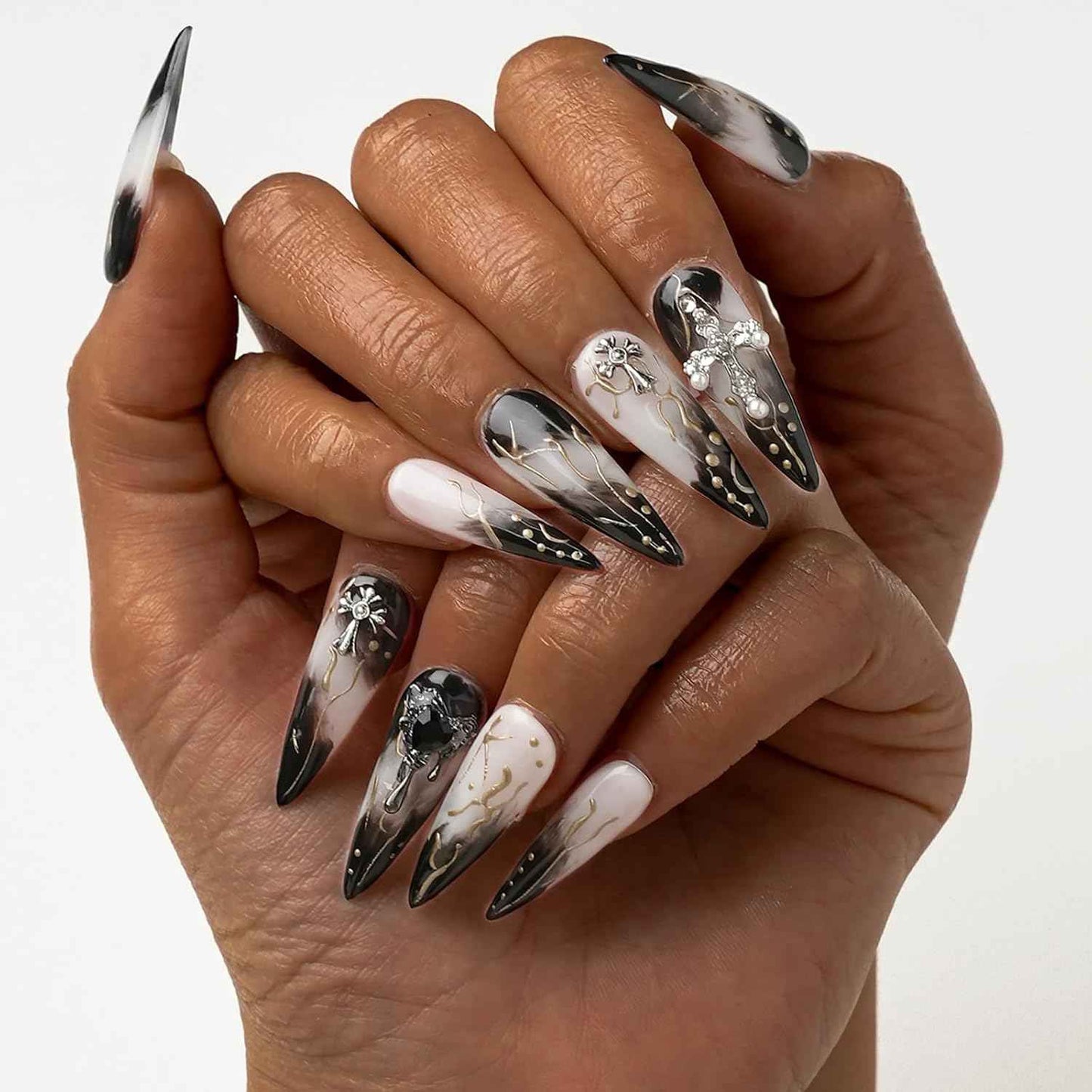 Colorful Handmade Press-On Stiletto Nails with 3D Devil Eyes - 10 Pcs Set for Women
