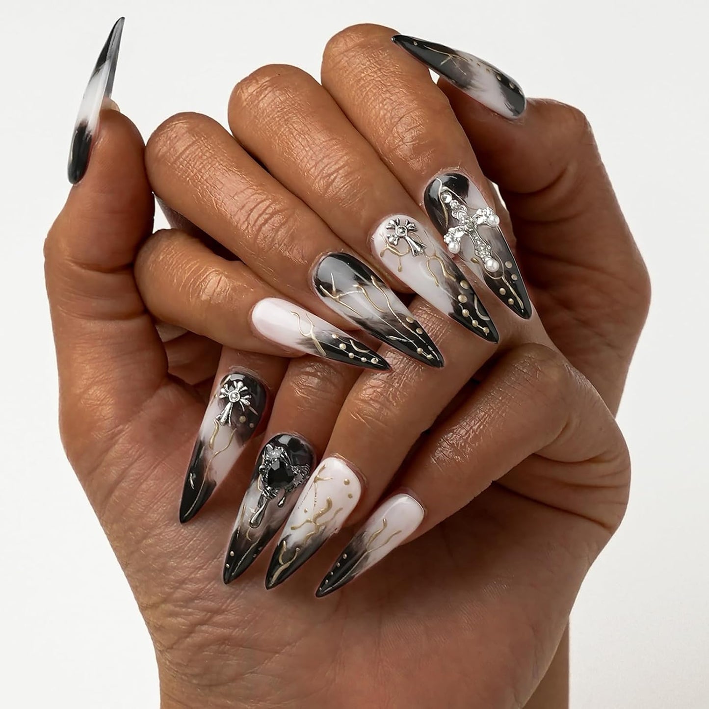 Colorful Handmade Press-On Stiletto Nails with 3D Devil Eyes - 10 Pcs Set for Women