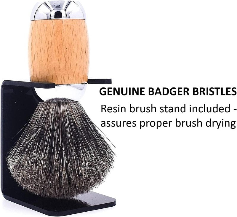 Taconic Shave 100% Mixed Badger Shaving Brush – Extra-Dense 22 mm Knot for Rich Lather, Beechwood & Chrome Ergonomic Handle + Lucite Stand Included