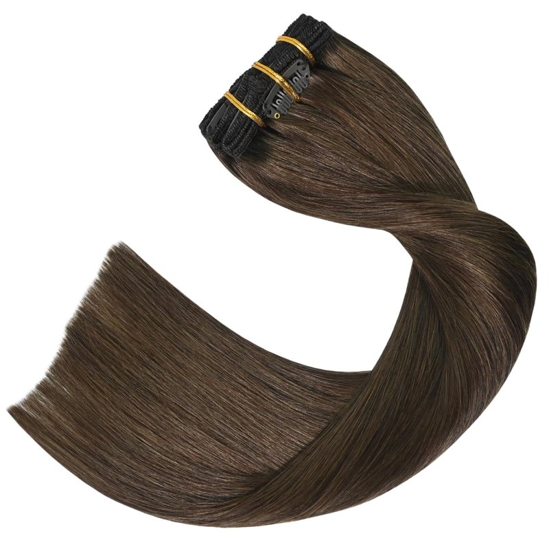 Real Human Hair Clip-In Extensions - Medium Brown 12 Inch, Soft & Natural Straight, 70g, 7pcs | #4 Chocolate Brown