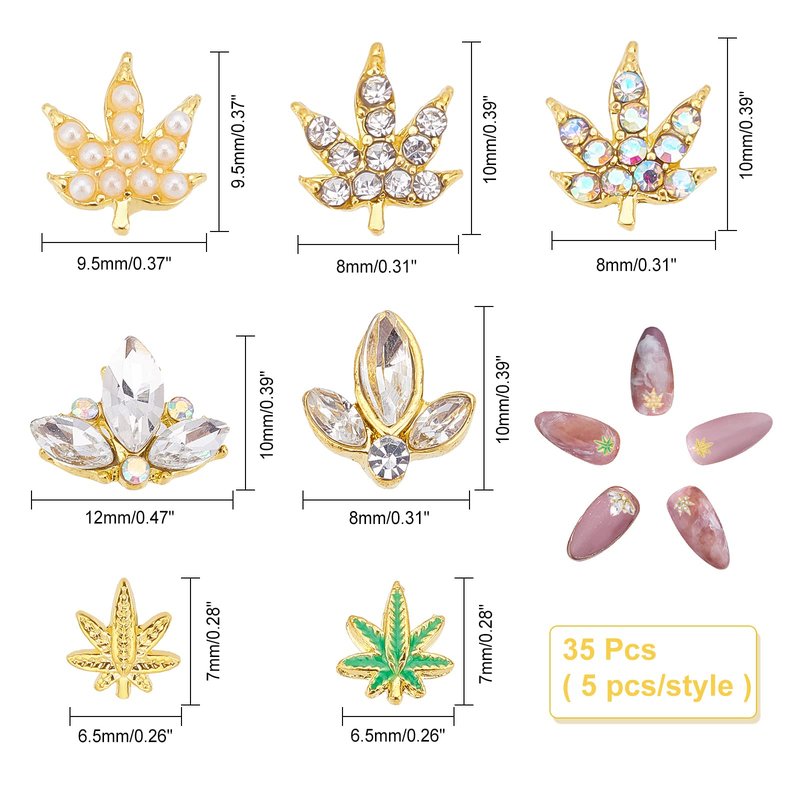 arricraft 35 Pcs 7 Styles Alloy Rhinestone Nail, Maple Leaf Shape Nail Art Rhinestone Studs Alloy Crystal Charms for Nails Art Decoration Supplies