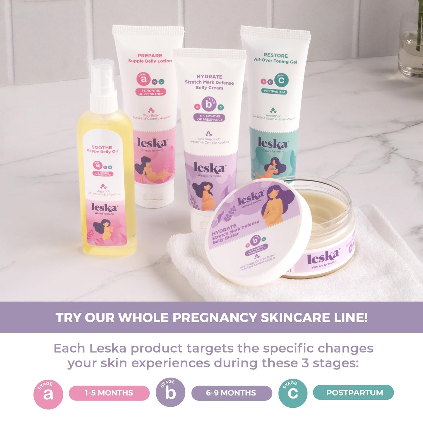 Leska Maternity Lotion & Oil | STAGE A: PREPARE & SOOTHE Supple Belly Lotion & Happy Belly Oil (Pregnancy Months 1-5) | Part of a Complete 3-Stage Pregnancy Skincare System | New Mom Gifts (4-4.22oz)