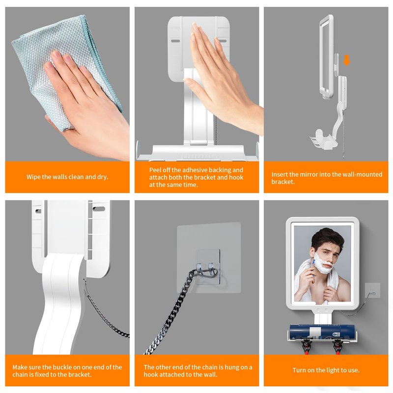 Junyaoxuan Heated Anti-Fog Shower Mirror, LED Shaving Mirror Fogless with 3 Color Modes, 9.5x8 Inch Dimmable, Hanging Rechargeable, Wall Mountable, Modern Frameless Rectangular Shower Mirror