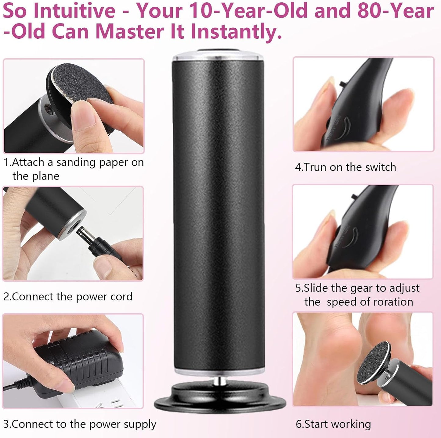 Electric Foot Callus Remover & Sander - 60 Sandpapers, 20 Grinding Heads, Black