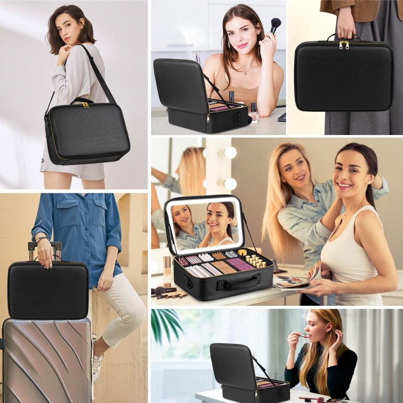15''X11'' Large Capacity Makeup Bag with LED Mirror, Professional Makeup Case Organizer with 3 Color Light Adjustable Brightness, Travel Make up Cosmetic Case with Detachable Dividers & Shoulder Strap