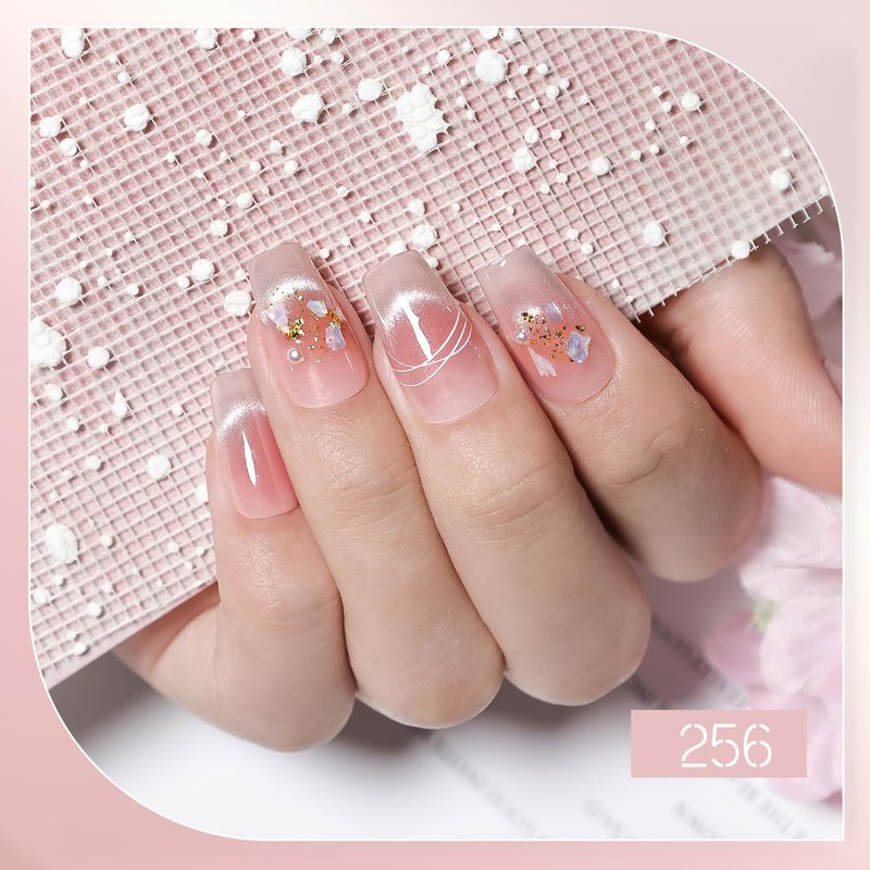 JODSONE Pink Square Press on Nails 3D Handmade Cat Eye Reuseable Fake Nail Tips Ready to Wear - Medium