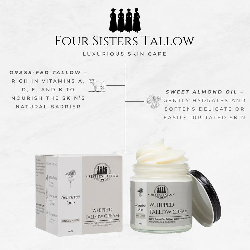 100% Grass Fed Beef Tallow For Face & Skin - All Natural Tallow Face Cream - Whipped Moisturizer Lotion - Made in USA - 100% Organic Essential Oils - Lrg 4 Fl Oz - For Sensitive Skin - (Unscented)