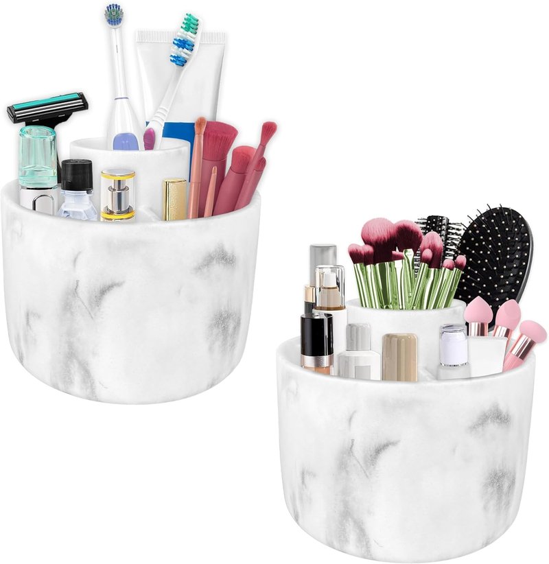 Makeup Brush Holder Organizer - 360° Rotating Resin Case | 4 Slot White Marble Storage for Cosmetics & Tools