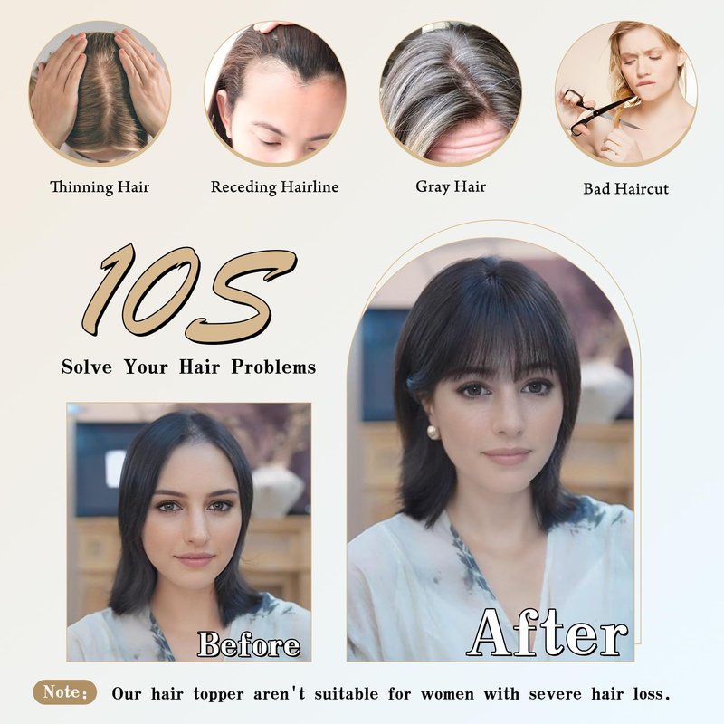 Inifale Hair Toppers for Women Clip in Bangs Real Human Hair,10 Inch 30g Brown Black Topper for Women 150% Density Silk Base Clip in Pieces Straight Hair for Thin Hair Daily Use