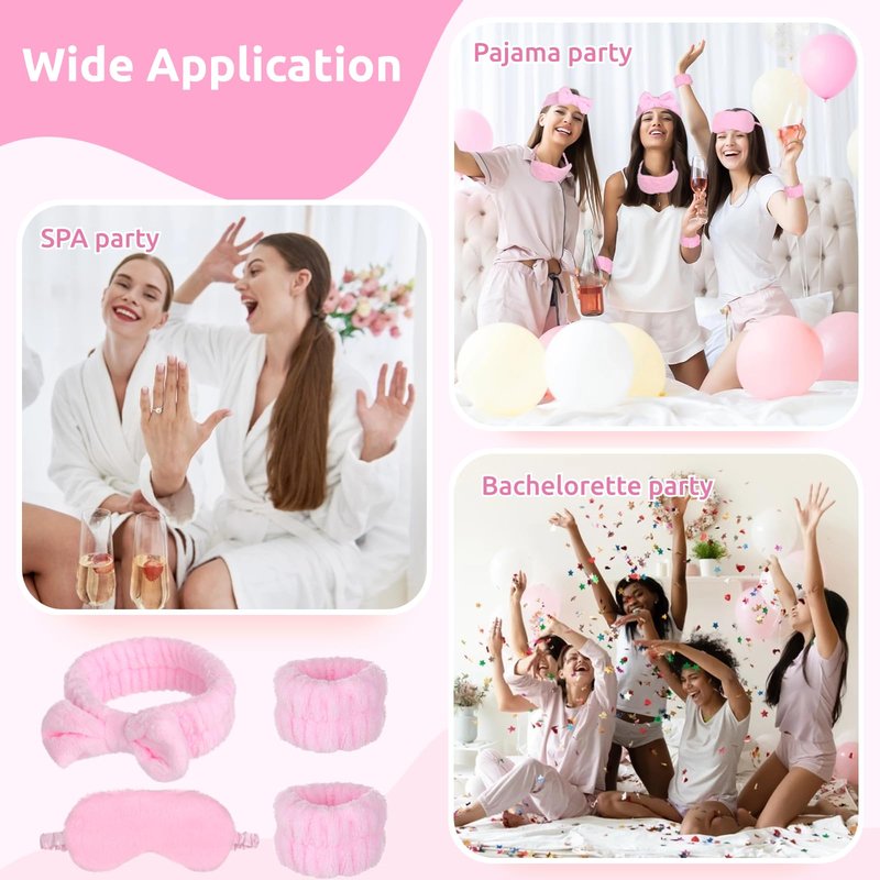 Lnrueg 48Pcs SPA Kit-12Pcs Spa Headband Bow + 24 Wrist Washband + 12 Sleep Eye Masks, Pink Party Supplies for Girls Women Birthday Sleepover Party Favors