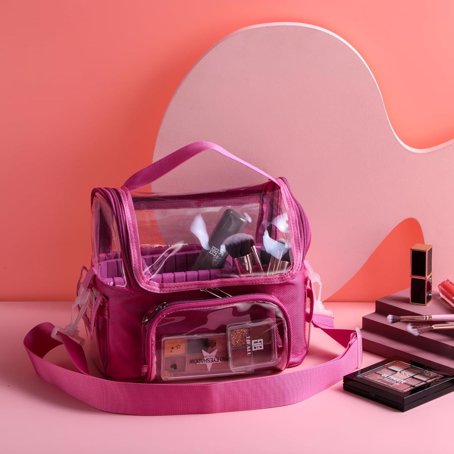 Transparent PVC Makeup Bag - Clear Travel Brush Organizer with Shoulder Strap | Hot Pink