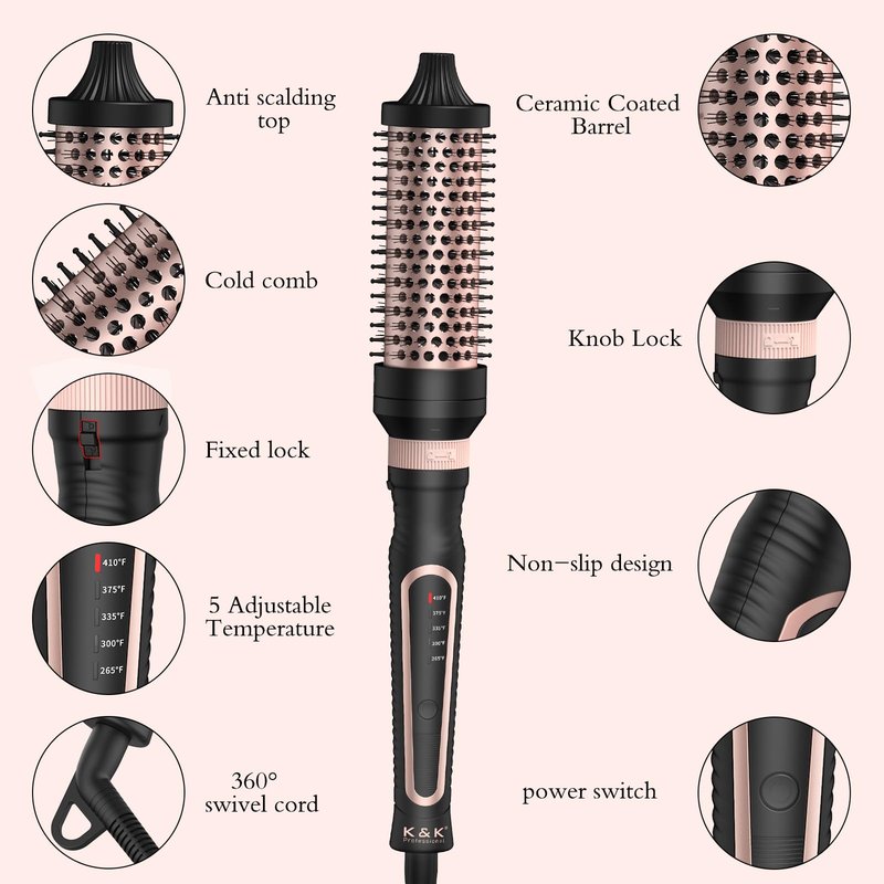 Thermal Brush 3 in 1 Set Ionic Heated Round Curling Create Volume & Smoother Hair Style for Fully Dried Hair Ceramic Fast Heating Curling Iron Brush with Temperature (Black)